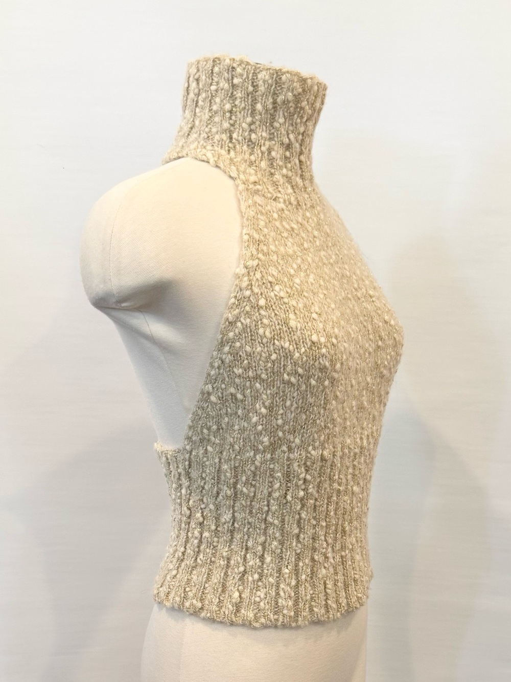 EXPRESS Wool Blend Cream Metallic Gold Knit Vintage Holiday Halter Sweater Top M - Picture 2 of 15